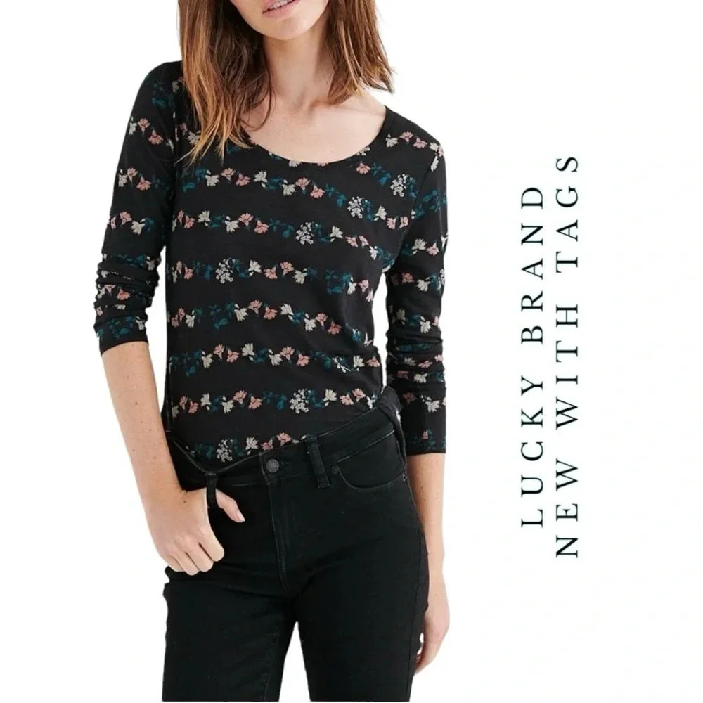 1746. LUCKY BRAND 3/4 SLEEVE FLORAL PATTERN TOP SIZE XSMALL BLACK/CORAL/YELLOW